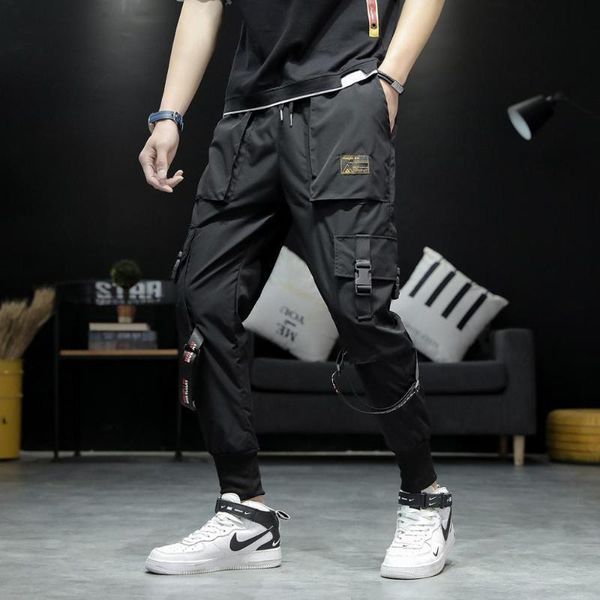 

men's hip hop black pencil cargo pants streetwear men ribbons pockets harem joggers autumn fashion mens pant