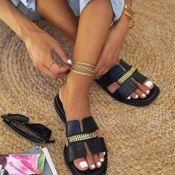 

slippers 2021 classic designer women flat flip flops double chain sandal shoes lady flats sandals woman, Black