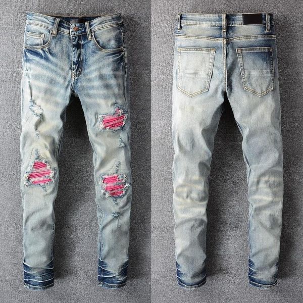 

men's jeans 2021 fashion brand high street woman men slim high-profile elastic waist stretch skinny #805, Blue