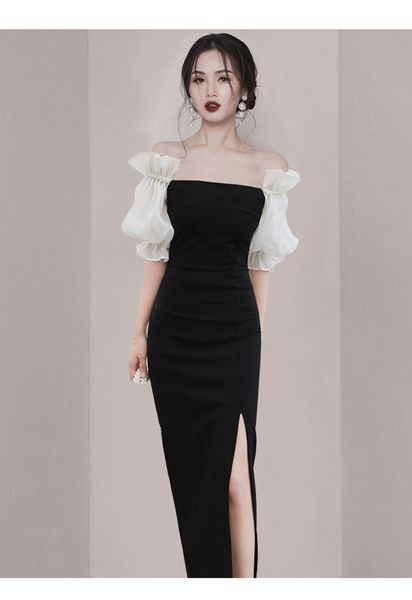 

casual dresses women elegant high slit slash neck strapless lantern sleev club slim dress bodycon christmas senior party qup, Black;gray