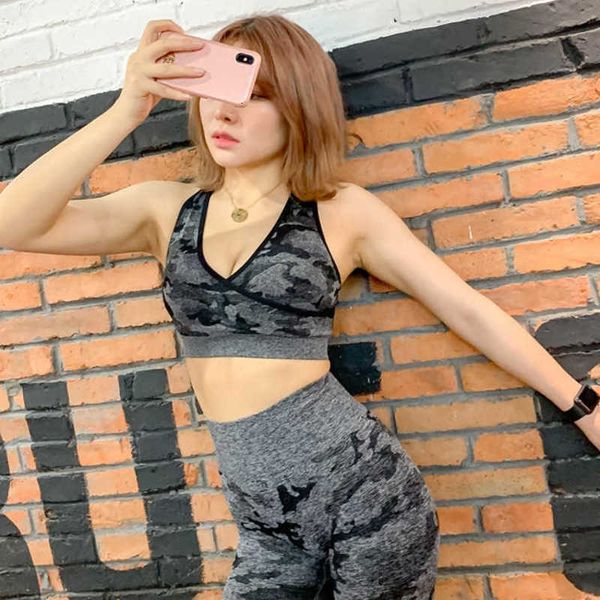 

net red camouflage quick drying anti back shock gathered sports bra women's fitness yoga breathable vest underwear, Black;white