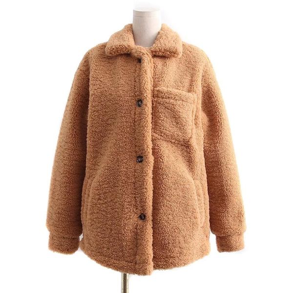 

women's wool & blends european and american loose lapel buttoned jacket 2021 autumn slim pocket wheat ear plush top, Black