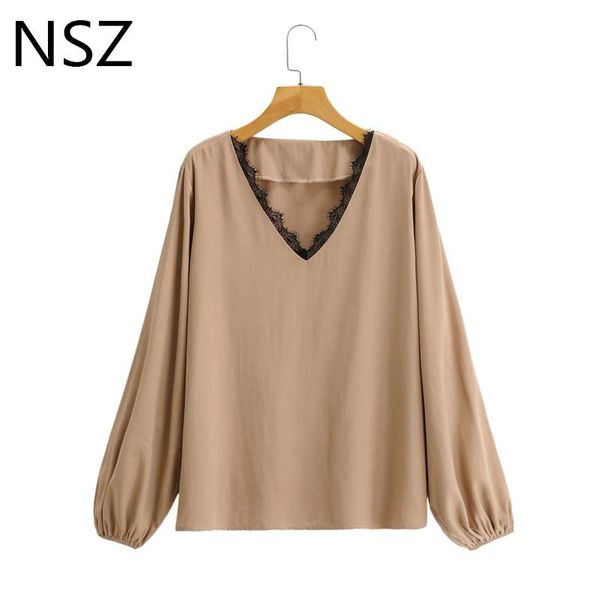 

women oversized lace patchwork contrast v neck basic blouse long sleeve fashion ladies office shirt female women's blouses & shirts, White