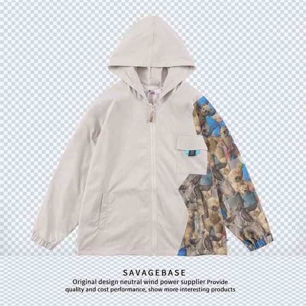 

autumn and winter new fashion br hooded jacket color matching bear digital printing ruffian hsome men women loose thin coat, Black