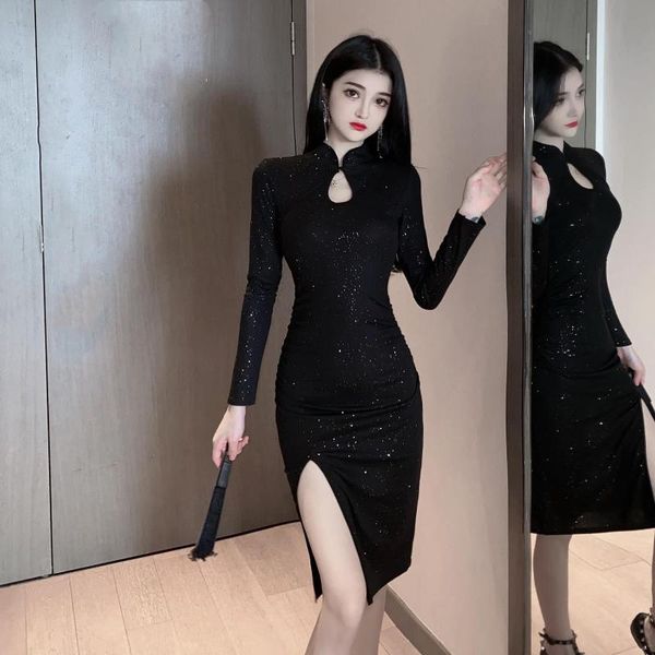 

very long sleeve improved retro black buling a light purse hip vented dress female casual dresses, Black;gray