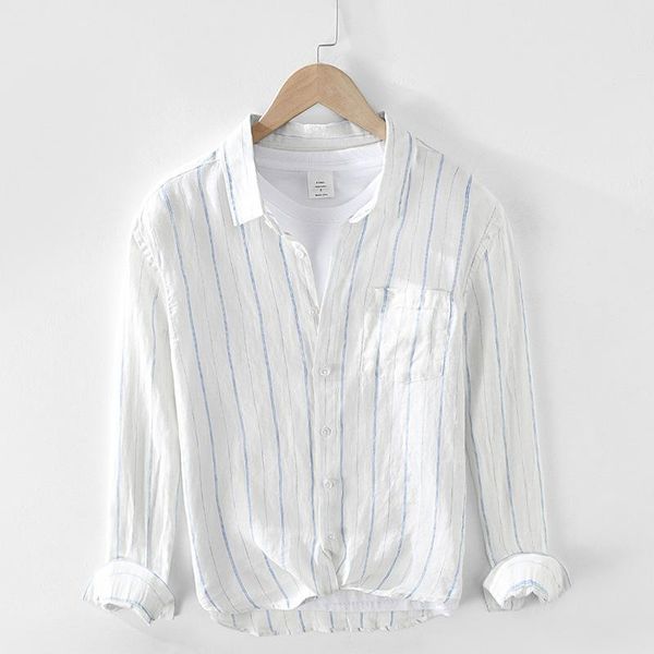 

spring 2906 fresh striped pure linen shirt men's loose breathable square collar cotton and casual shirts, White;black