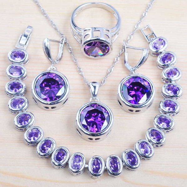 

purple ametyst silver color jewelry sets for women wedding jewelry zirconia rings bracelets earrings birthday gift qs0147 h1022