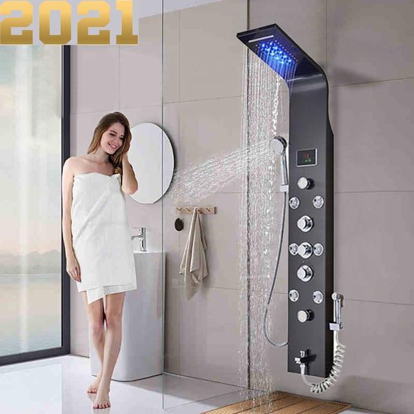 

wall mount black shower panel column led waterfall faucet set with bidet sprayer massage temperature display bathroom sets