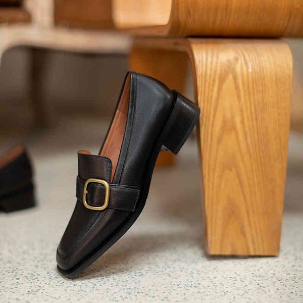 

dress shos qutaa sapatos fmininos d salto baixo couro lgÃ­timo, calÃ§ados casuais rtrÃ´ com fivla quadrado, tamanho 34-39, primavra outono, col, Black