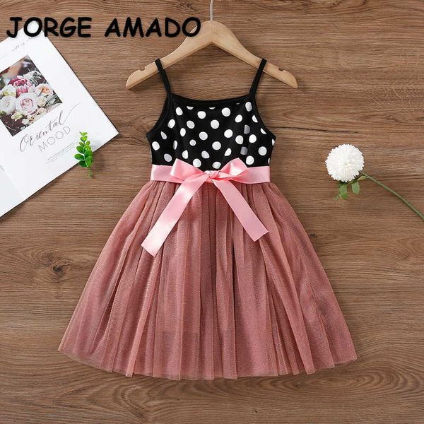 Летние дети девочек платье черный розовый пэчворк точка без рукавов сетки сетки Vestidos с поясом на 2-6 лет E663 210610