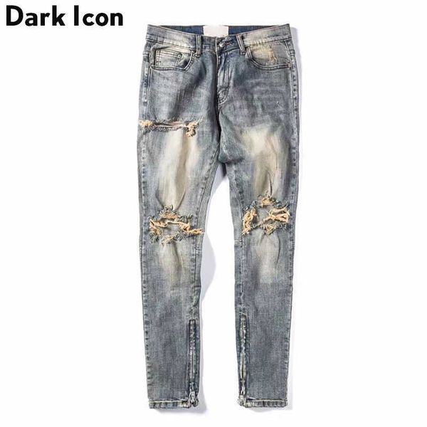 

ripped side zipper jeans men stoashed destroyed men's jeans 210603, Blue