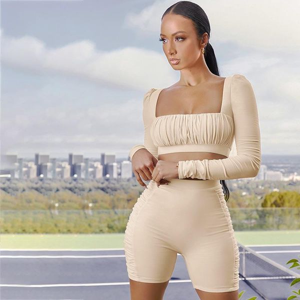 

women's tracksuits cropped square neck long sleeve pleated high-waist elastic shorts stretch sports fitness casual solid color suit, Gray