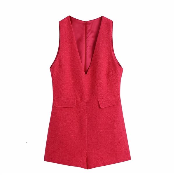 

women's jumpsuits & rompers women casual big v-neck za summer texture red playsuits chic lady elegant back sleeveless pockets shor, Black;white