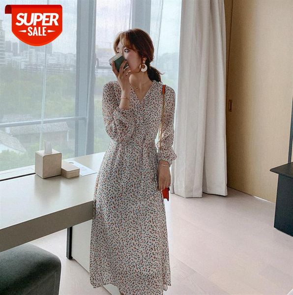 

floral chiffon dress korea small fresh long sleeve v-neck over-the-knee waist-egg first love #2e0z, Black;gray