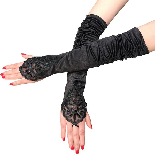 

five fingers gloves fashion women' lace long black beading stretch fingerless embroidered female retro gothic party costumes, Blue;gray