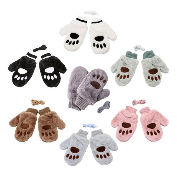 

bow ties style fluffy cat claw mittens plush kitten gloves winter warmer full finger mitten, Black;gray
