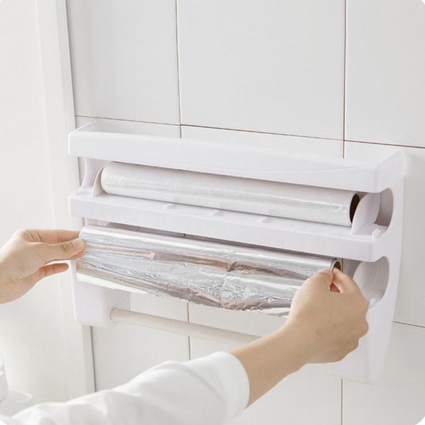 

kitchen cling film cutting holder storage rack wrap cutter tin foils paper towel shelf hang hooks & rails