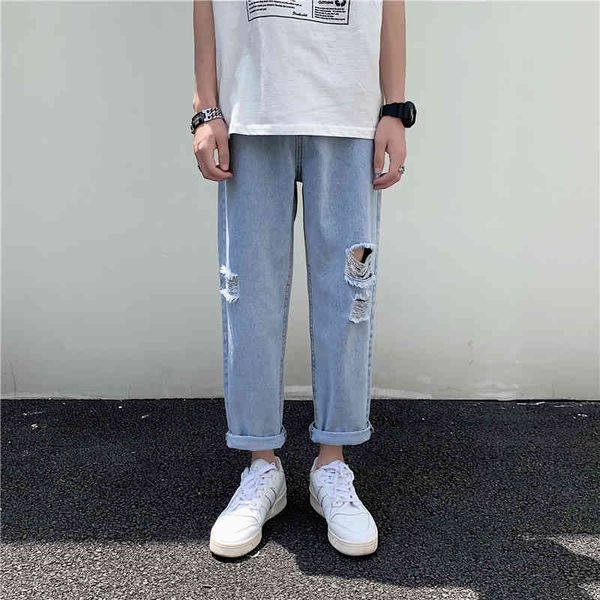

men's jeans summer jeans with holes, jeans, korean fashions, versatile capris, casual, flashy, straight pants 89p6, Blue