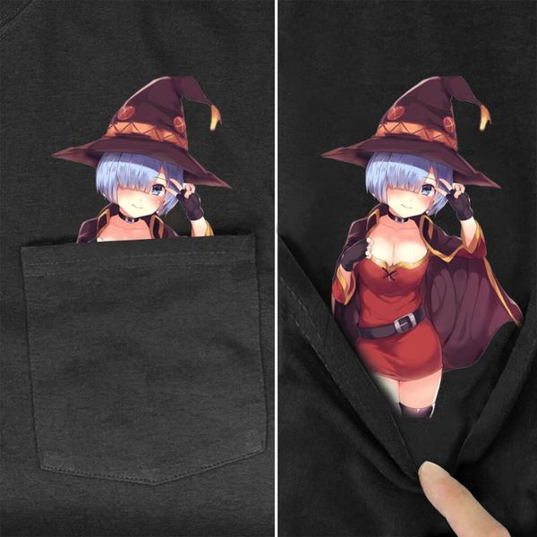 

men's t-shirts anime girl megumin konosuba cotton tshirt summer pocket printed casual shirt men women short sleeve funny black tees, White;black