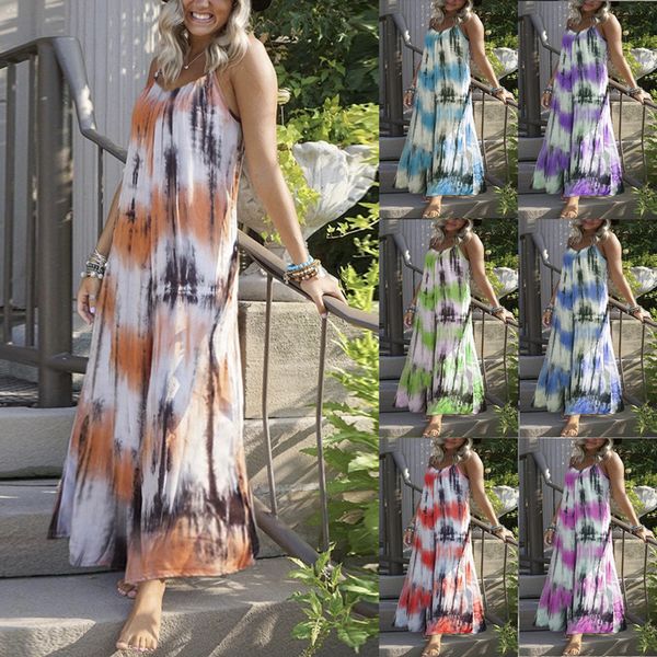 

summer tie dye print women's dress casual v enck loose woman maxi dresses fashion bohemia long ladies dress plus size 210423, Black;gray