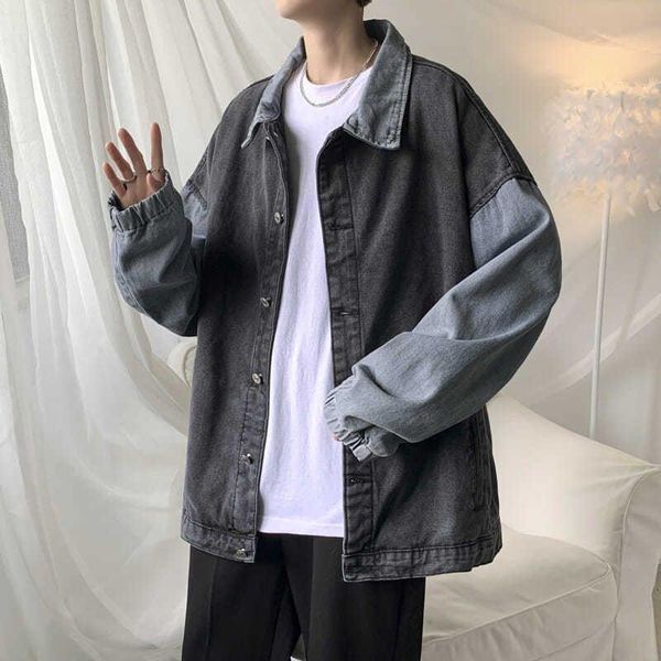 

men's jackets stitching denim jacket men spring autumn single-breasted wild coats youth trendy loose couple casual fashion man clothes, Black;brown