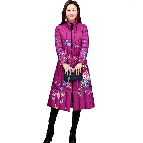 

chinese national style parka cotton winter coat women print vintage female casual plus size long jacket woman qh028, Black