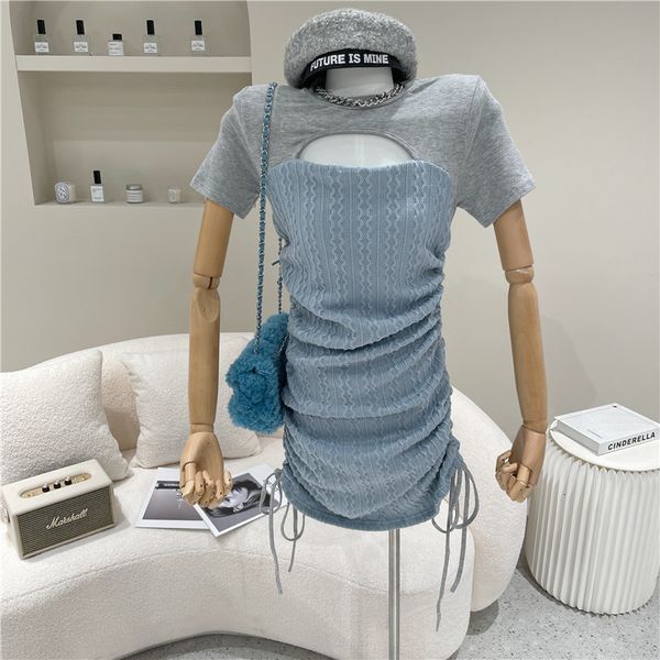 

spring summer 2021 niche fashion design two sewn pieces thin sleeve fit matching color plied dress, Black;gray