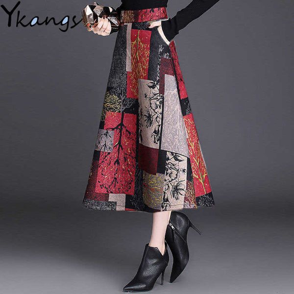 

plus size 4xl printed fllowers red long skirts fashion winter women casual maxi skirt femme elastic high waist plaid wool skirt 210619, Black