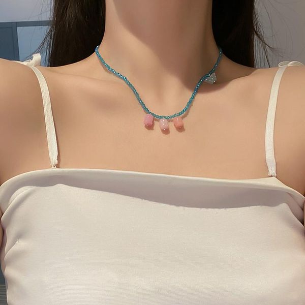 

pendant necklaces blue transparent beaded rose butterfly necklace simple sweet flower chain for women clavicle jewelry gifts, Silver