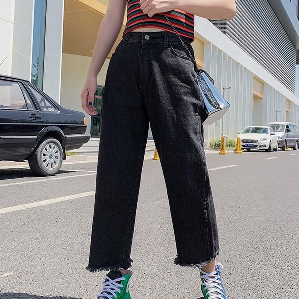 

boyfriend jeans for women high waist denim pants mom button washed vintage tassel plus size 5xl black jean straight loose 2021 women's, Blue