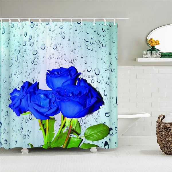 

shower curtains blue rose flower leaves butterfly printed fabric