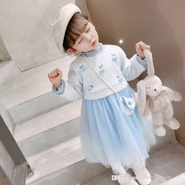 

girls princess dress winter kids velvet plus thick fake two embroidered cherry gauze tutu dresses children long sleeve birthday party clothi, Red;yellow