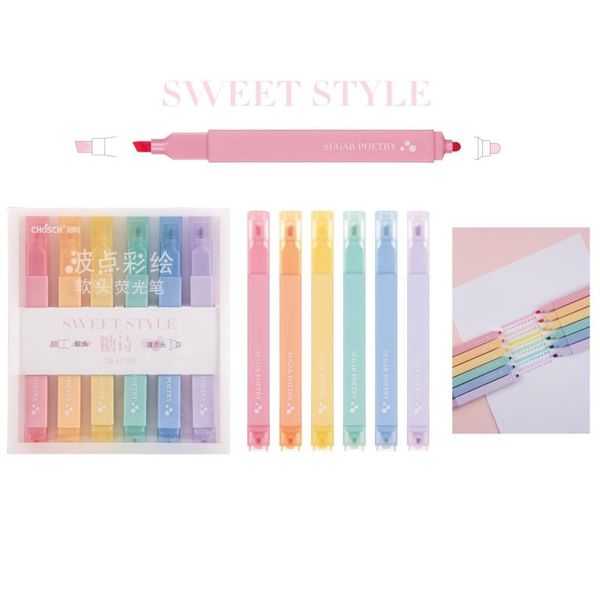 Evidenziatori 6pcs Pennarelli per evidenziatori a colori dolci Set Pennello morbido a doppia estremità Punti Spot Liner per disegno Pittura Ufficio scuola F290