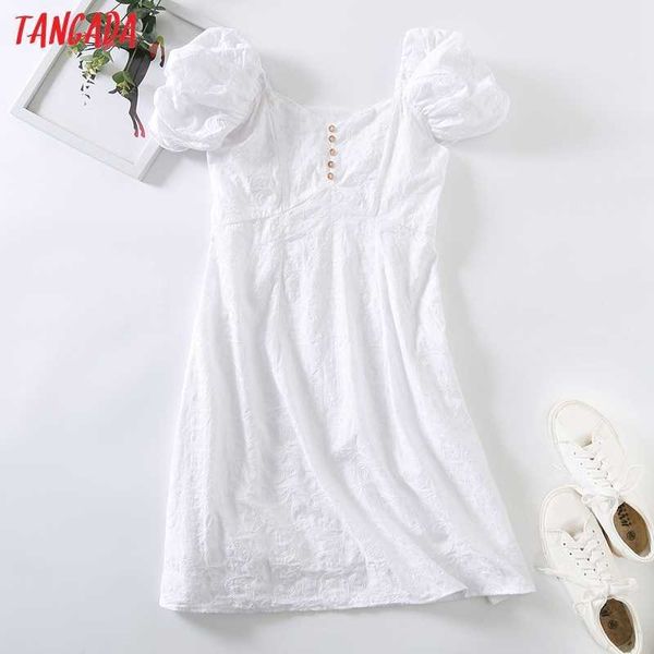 

tangada women embroidery romantic white dress puff short sleeve buttons females mini dresses vestidos 6h64 210609, Black;gray