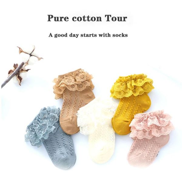 

socks 0-5y baby girls lace princess double layer ruffle frill solid color anti-slip short infant sweet knit floor hosiery, Pink;yellow