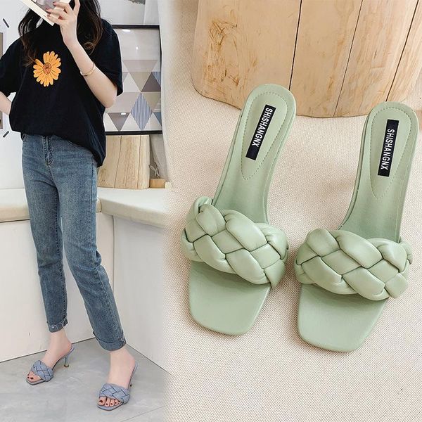 

summer square-toe woven korean slippers, open-toe high-heel sandals and slippers, Black