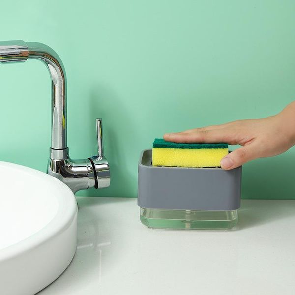 

2-in-1 sponge box 300ml manual soap dispenser double layer kitchen bathroom plastic scrubber holder case liquid