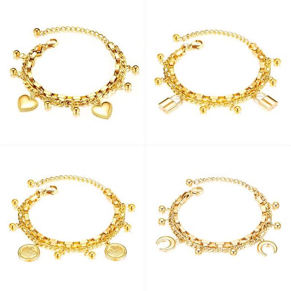 

charm bracelets europe and america bracelet for women stainless steel rose gold plated 17g 22cm fashion all-match multi layer love moon jewe, Golden;silver