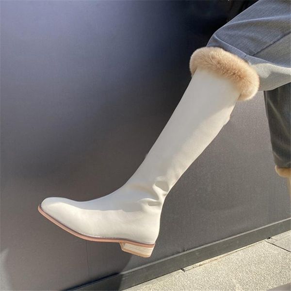 

boots pxelena fashion western knight riding knee high women split leather fur winter warm shoes female low heels zip black beige