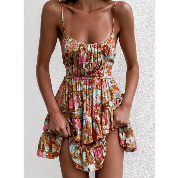 

summer floral beach dress women printed ruffle mini sundress ladies spaghetti straps backless high waist vestidos party vacation casual dres, Black;gray