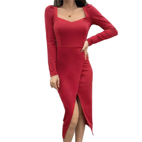 

casual dresses women's wrap midi dress long puff sleeve v neck solid color high slit party women evening clubwear, Black;gray
