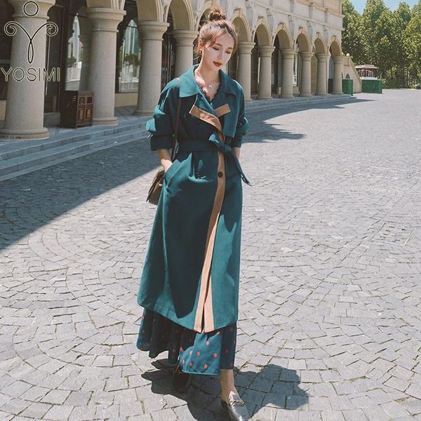 

women plus size loose windbreaker 2021 autumn winter turn-down collar bat sleeved patchwork long trench coat for women's coats, Tan;black