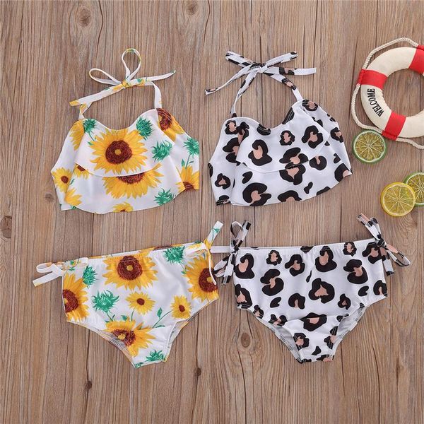

baby girl 2pcs bikini swimwear swimsuit leopard/sunflower sling neck sleeveless high waist triangle shorts swim bathing suit one-pieces, Black