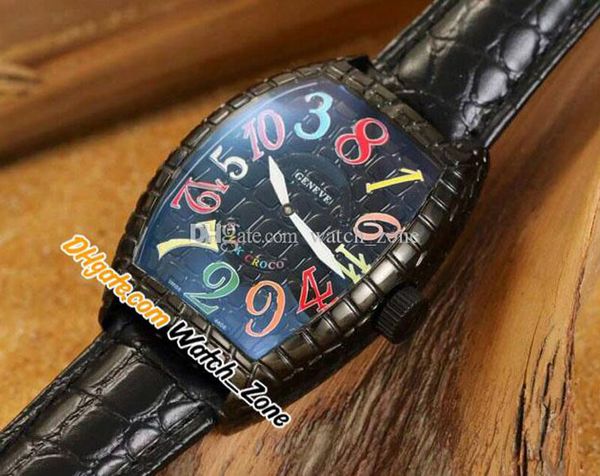 

crazy hours black croco 8880 ch blk cro a2813 automatic mens watch texture dial pvd black steel cracked case multicolor marker leather strap, Slivery;brown