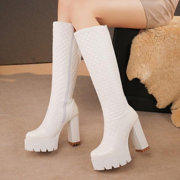 

boots winter women knee high long size 42 warm short plush platform super heels zipper motorcycle white shoes, Black