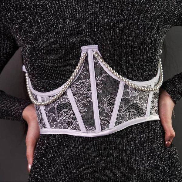 

belts wannathis for women lace wide belt mesh elegant pearl chain straps female stretchy ladies bandage, Black;brown