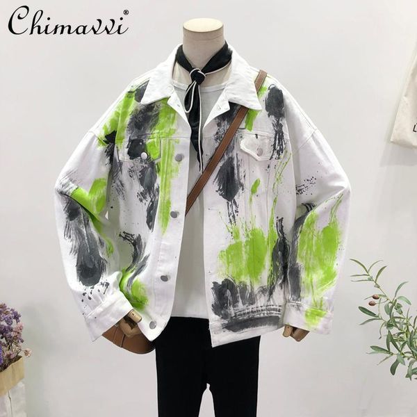 

women's jackets streetwear fashion vintage 2021 summer lapel single breasted jeans coat paint-splashing style graffiti denim jacket, Black;brown