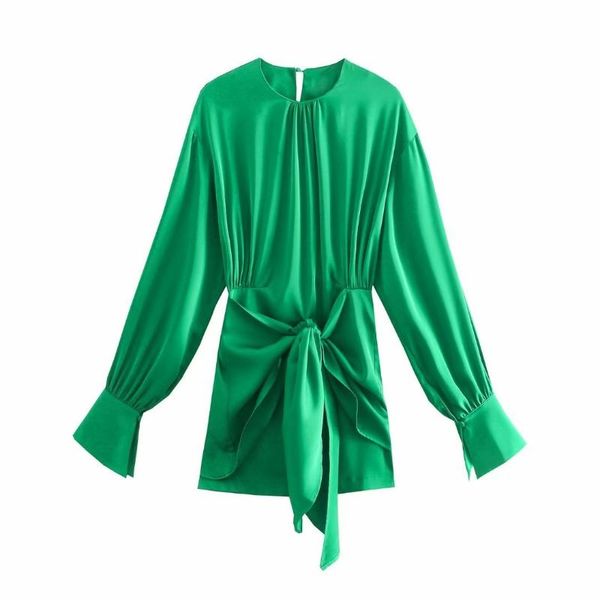

casual dresses fashion women satin shirt dress with knot o-neck long cuff sleeves chic lady high street short woman robe, Black;gray