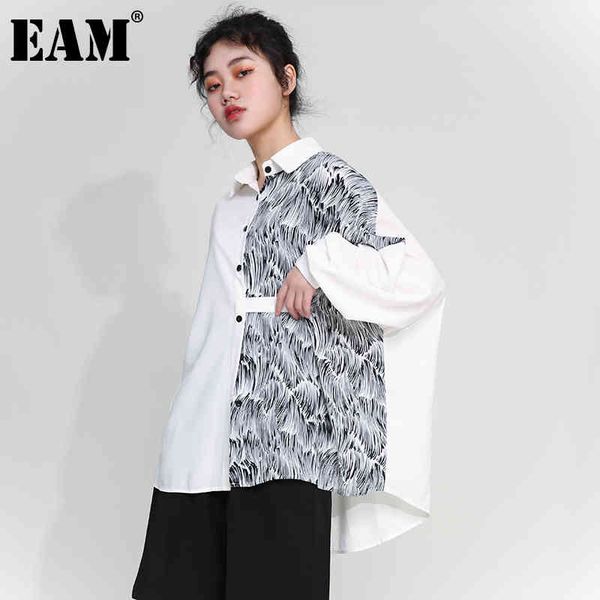 

[eam] women white pattern printed big size blouse lapel long sleeve loose fit shirt fashion spring autumn 1dd636700 21512