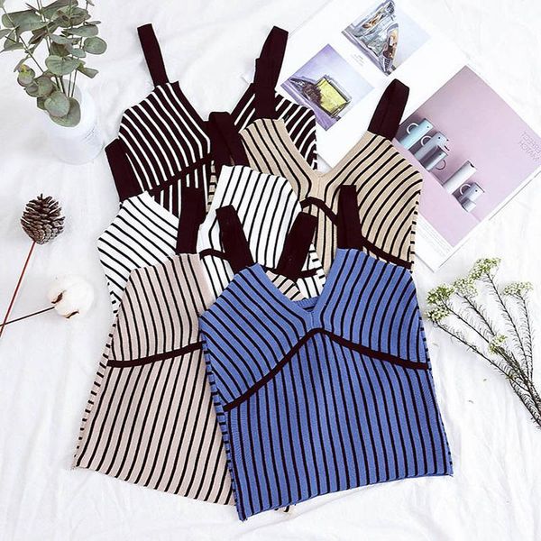 

women's vests gagarich sleeveless off shoulder camis knit vest women summer 2021 bottom tank contrast color striped patch slim, Black;white